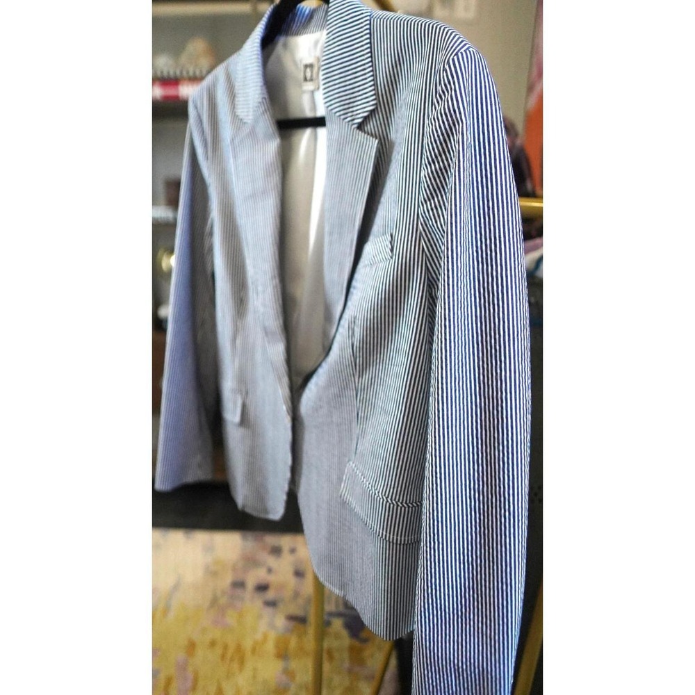Anne Klein Navy White Striped Blazer Gold Button Preppy Corporate Jacket Medium